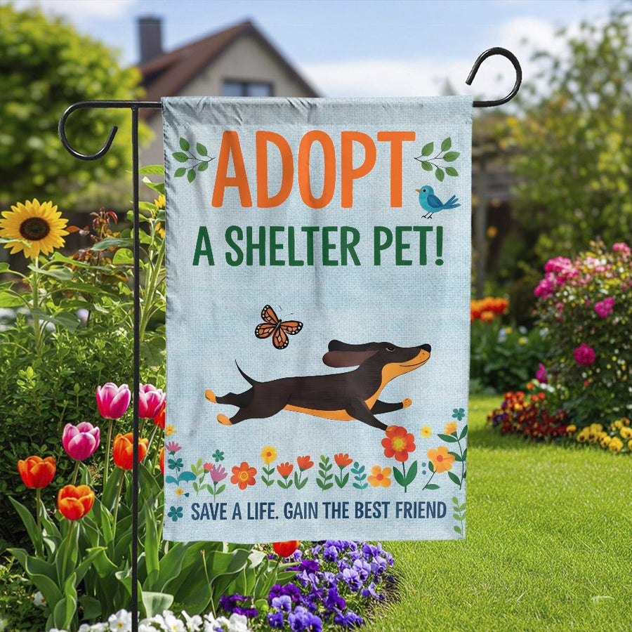 Adopt a Shelter Pet Garden Flag | Cute Dachshund Dog Decor | Double Sided Weather Resistant Polyester | Yard Sign Gift for Dog Lovers