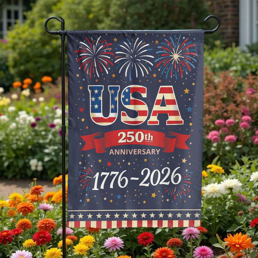 USA 250th Anniversary Garden Flag | Patriotic 1776-2026 Fireworks Design | Double Sided Polyester | Commemorative Yard Decor Gift
