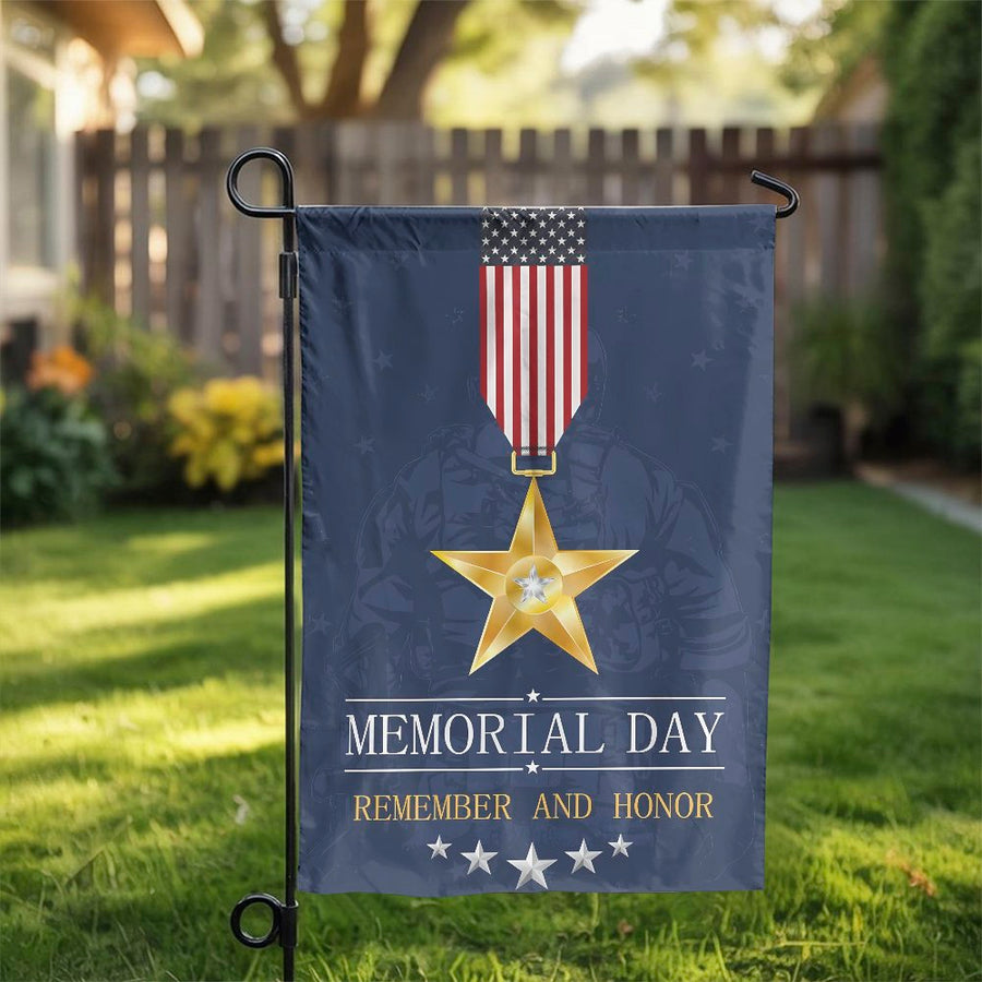 Memorial Day Garden Flag | Remember and Honor Soldier Medal | Double Sided Weather-Resistant Fabric | Patriotic Yard Decor Gift