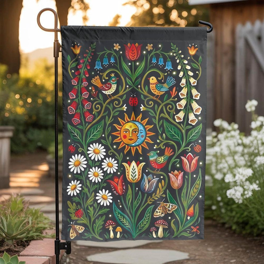 Folk Art Garden Flag | Celestial Sun Moon & Wildflower Design | Double Sided Weatherproof Fabric | Premium Yard Decor Gift