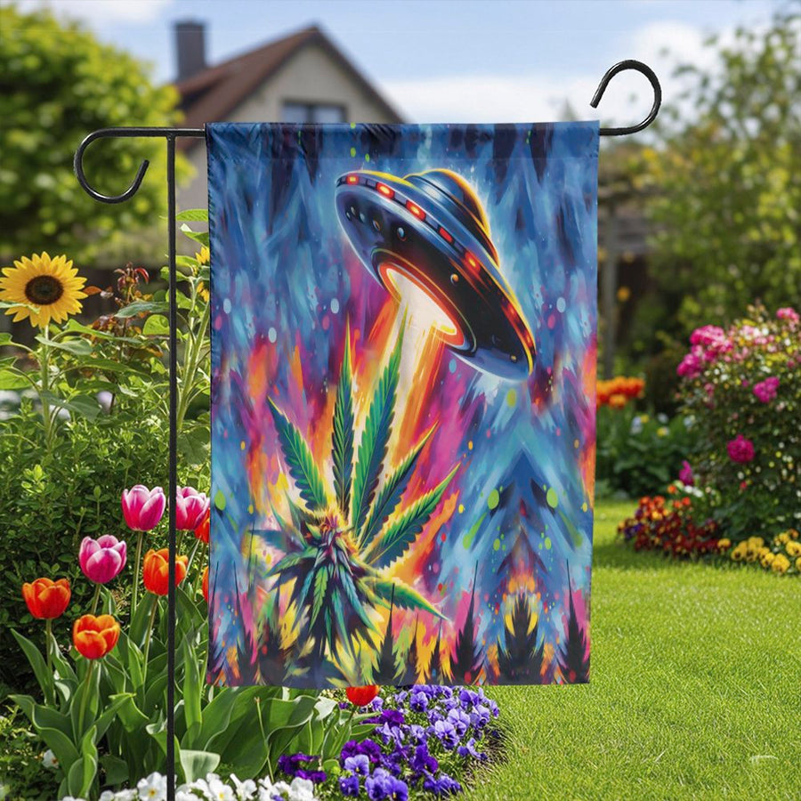 Alien UFO Cannabis Garden Flag | Psychedelic Alien Harvest Art | Weather-Resistant Double Sided | Funny Stoner Yard Decor Gift