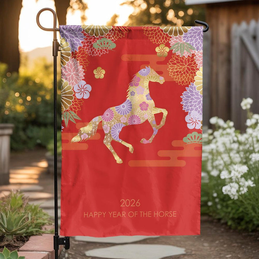 2026 Year of the Horse Garden Flag | Chinese New Year Zodiac Decor | Weather-Resistant Polyester | Double-Sided Lunar New Year Yard Sign for Holiday Gift