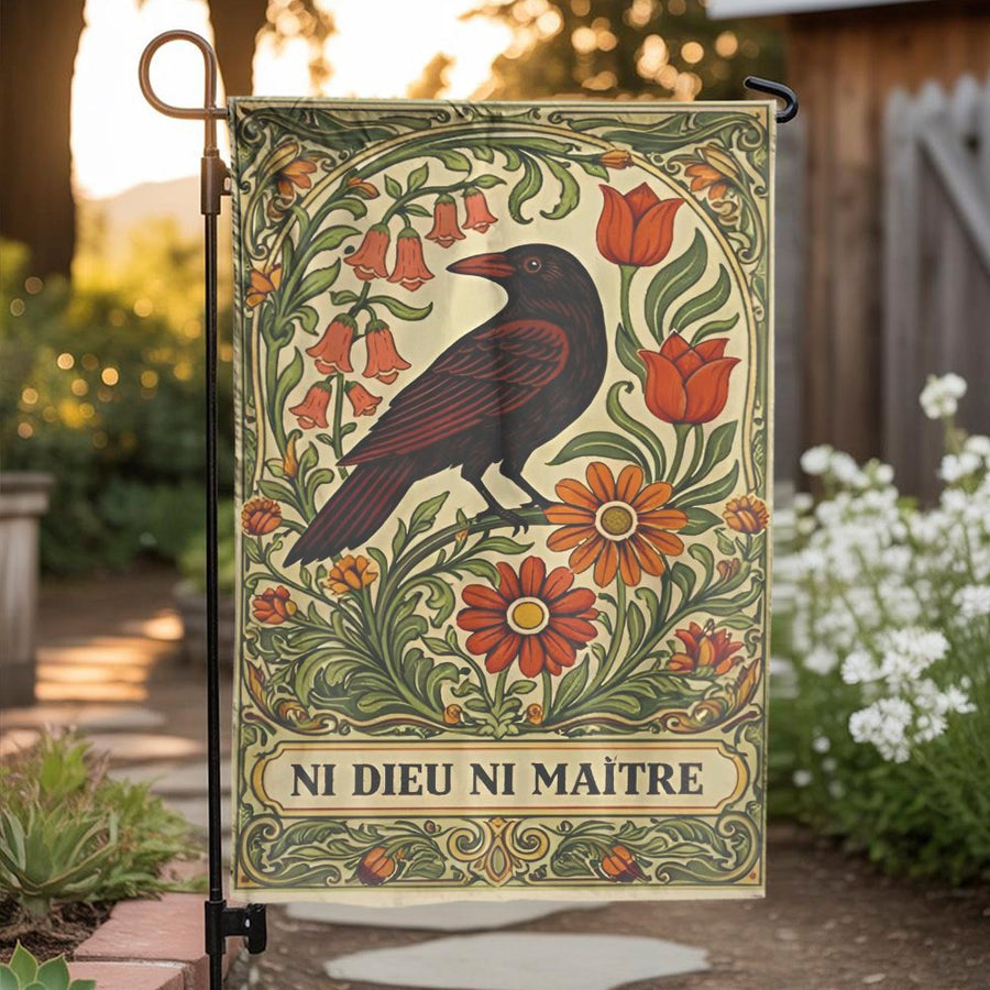 Art Nouveau Crow Garden Flag | Ni Dieu Ni Maître Floral Illustration | Double Sided Weather-Resistant Banner | Gothic Cottagecore Yard Decor