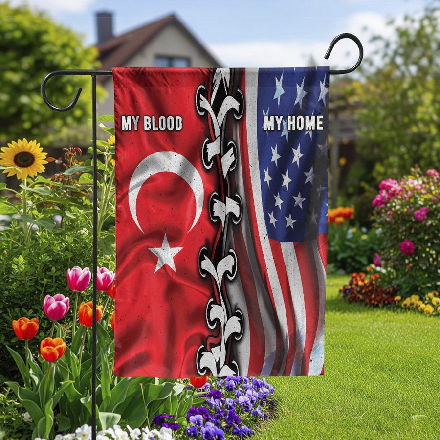 Turkish American Garden Flag | My Home My Blood Heritage Design | Double Sided Weather Resistant Polyester | Patriotic Yard Decor Gift for Turkish Americans