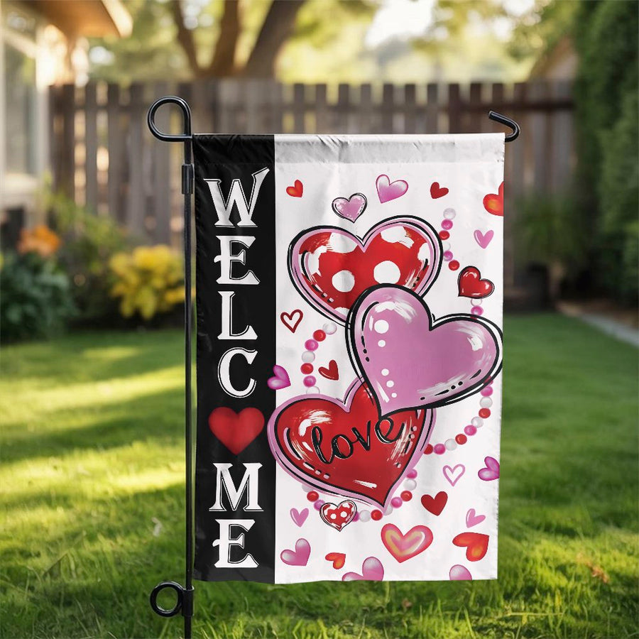 Valentine's Day Garden Flag | Double Sided Welcome Love Hearts Print | Weather Resistant Polyester Yard Banner | Seasonal Outdoor Decor Gift