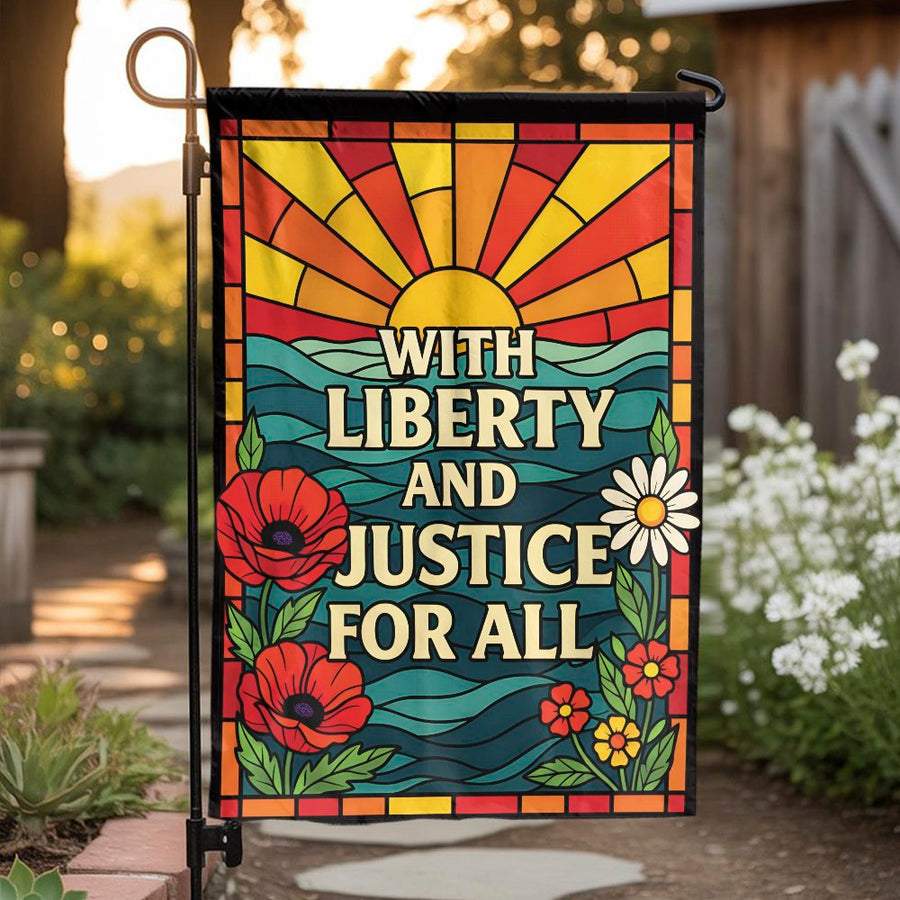 Liberty and Justice Garden Flag | Stained Glass Floral Design | Double-Sided Weatherproof Fabric | Patriotic Outdoor Home Decor Gift