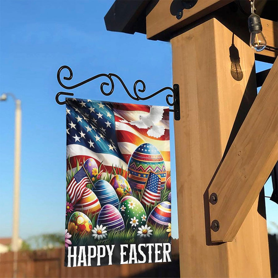 Patriotic Easter Garden Flag | American Flag with Painted Eggs & Dove | Double Sided Weatherproof Fabric | Spring Holiday Yard Decor