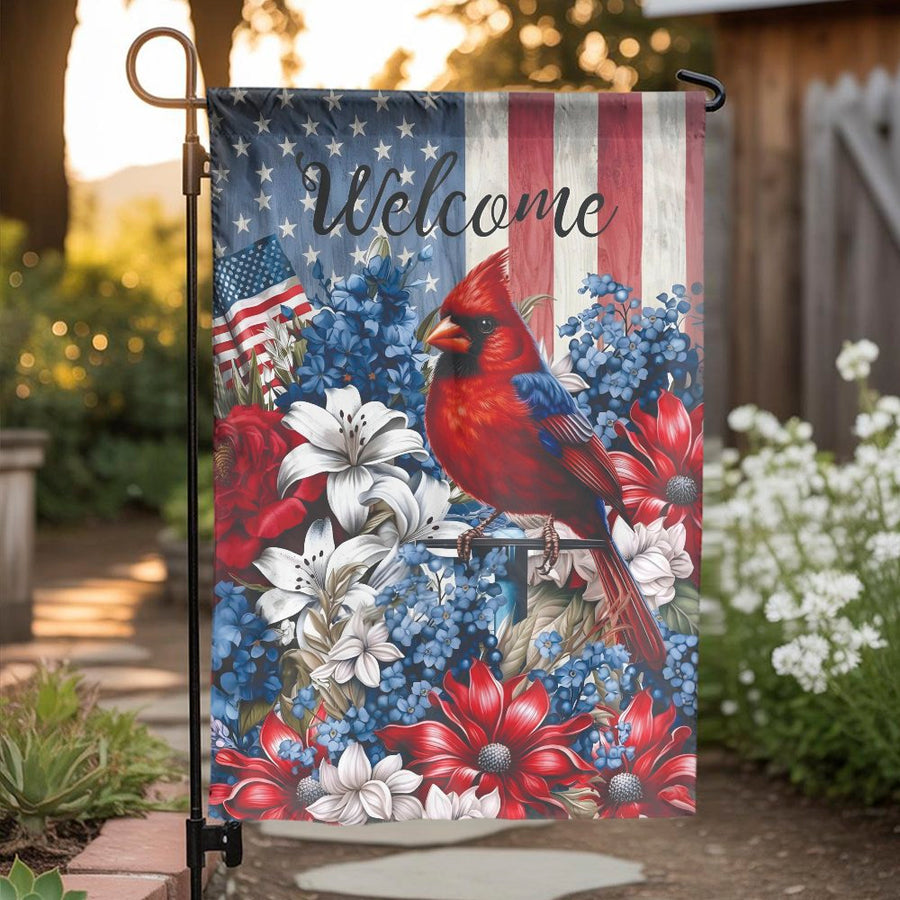 Patriotic Cardinal Garden Flag | Welcome Sign with American Flag and Florals | Double-Sided Weather-Resistant Polyester | Premium Outdoor Yard Decor Gift