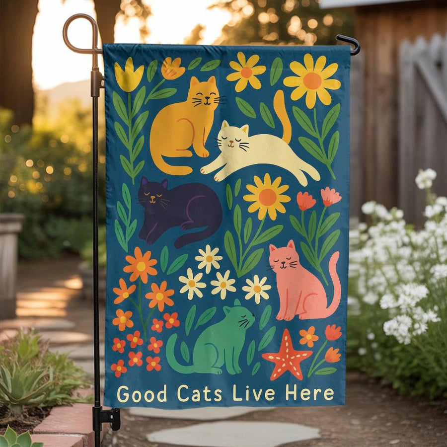 Good Cats Live Here Garden Flag | Colorful Floral Cat Illustration | Premium Double Sided Polyester | Welcome Sign Gift for Cat Mom