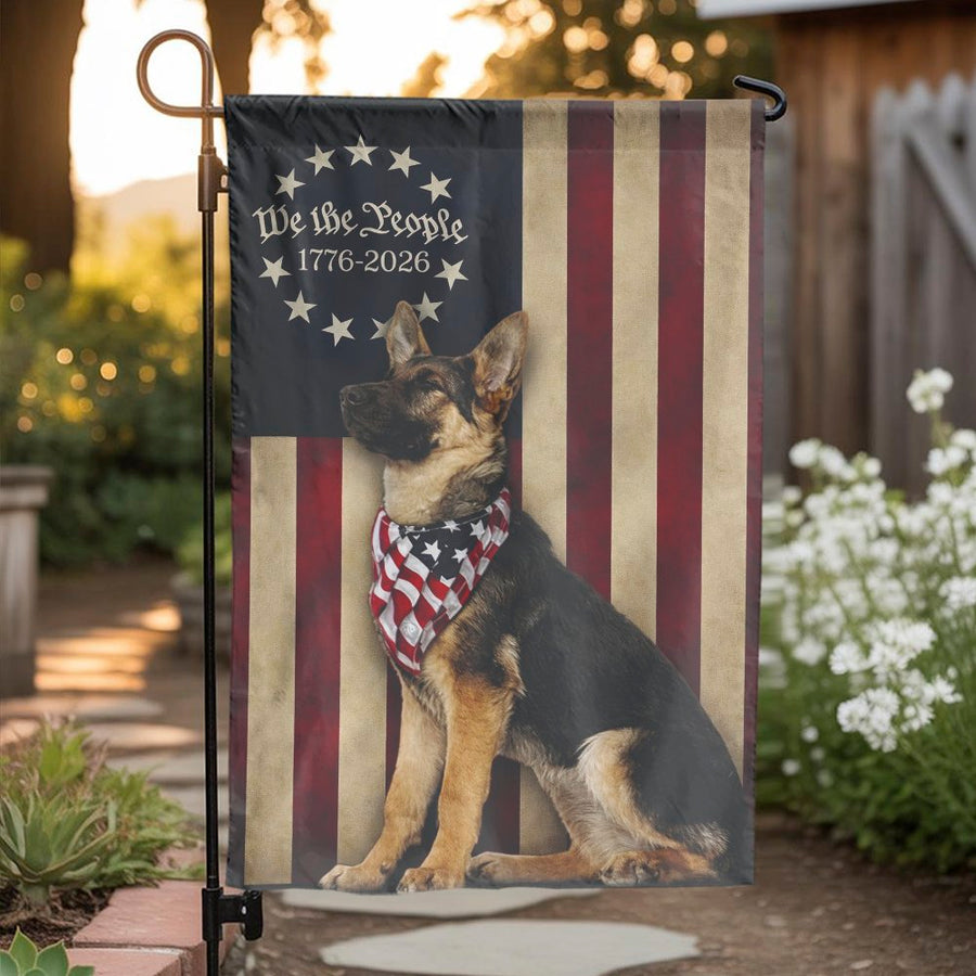 Patriotic German Shepherd Garden Flag | We the People Vintage American Flag Design | Double Sided Polyester | USA Yard Decor Gift for Dog Lovers