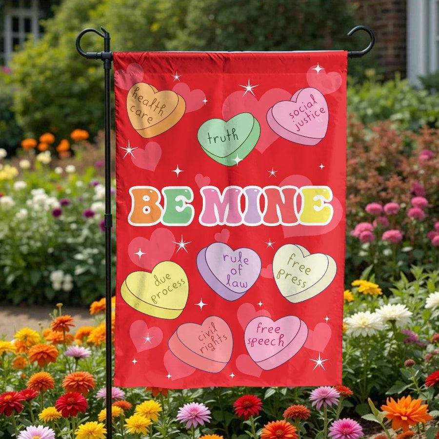 Political Valentine's Garden Flag | Social Justice Conversation Hearts | Double-Sided Weatherproof Fabric | Premium Progressive Yard Decor