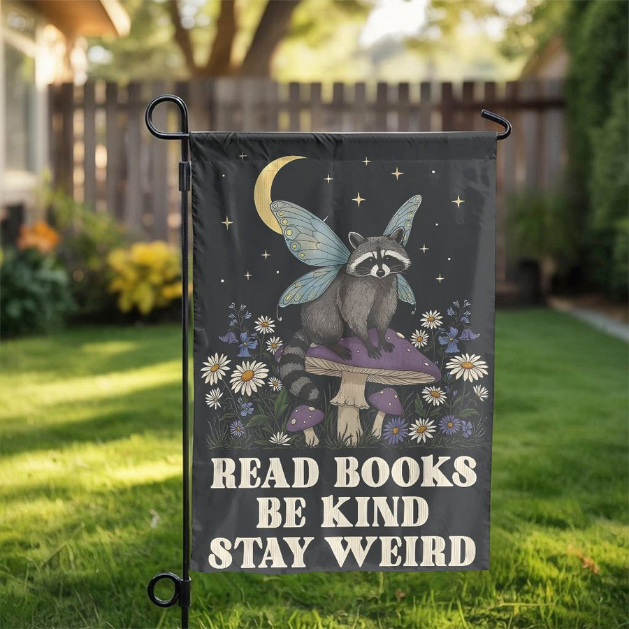 Read Books Stay Weird Garden Flag | Whimsical Fairy Raccoon Art | Double Sided Fade Resistant Polyester | Gift for Book Lovers Cottagecore Yard Decor