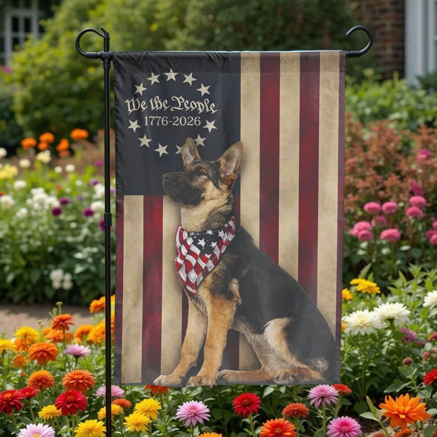 Patriotic German Shepherd Garden Flag | We the People Vintage American Flag Design | Double Sided Polyester | USA Yard Decor Gift for Dog Lovers