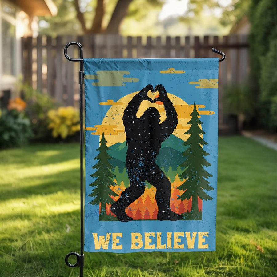 Bigfoot Garden Flag | Retro We Believe Heart Hands Design | Double-Sided Weather Resistant Fabric | Funny Outdoor Yard Decor Gift