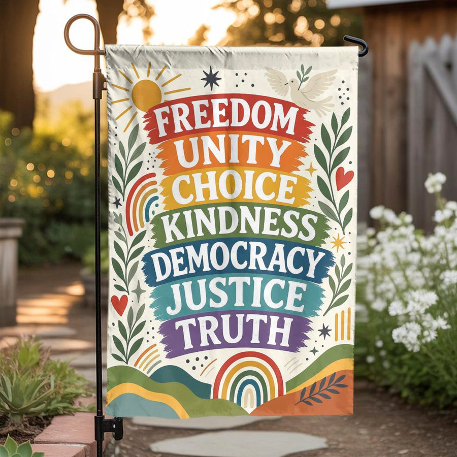 Inspirational Garden Flag | Rainbow of Kindness & Freedom Words | Weather-Resistant Polyester | Premium Progressive Yard Decor