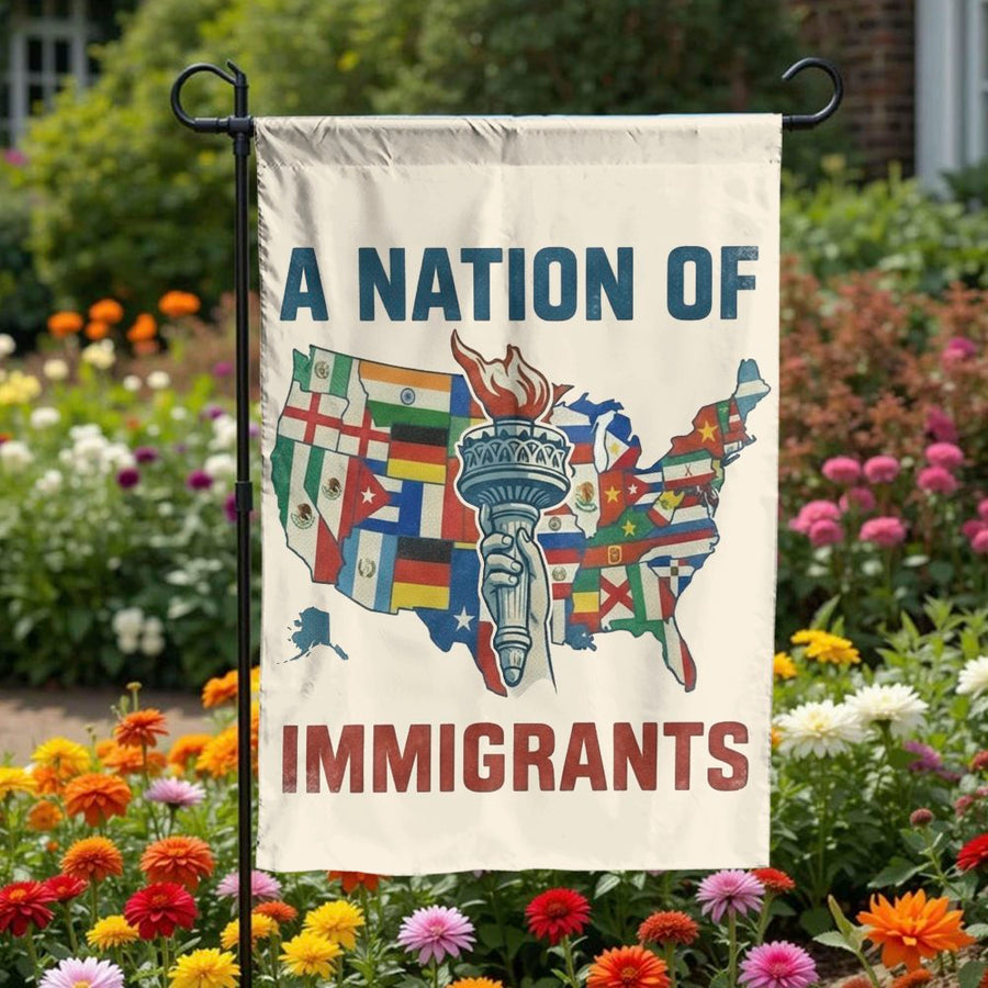 Nation of Immigrants Garden Flag | USA Map with World Flags | Double Sided Weather-Resistant Fabric | Pro Immigrant Patriotic Yard Decor