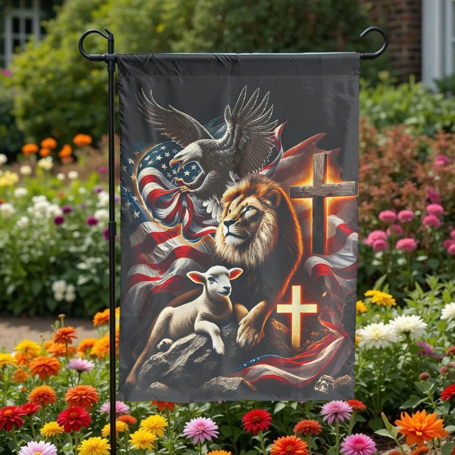 Christian Patriotic Garden Flag | Lion and Lamb with Eagle & Cross | Double Sided Weatherproof Yard Decor | Premium Gift for Christians