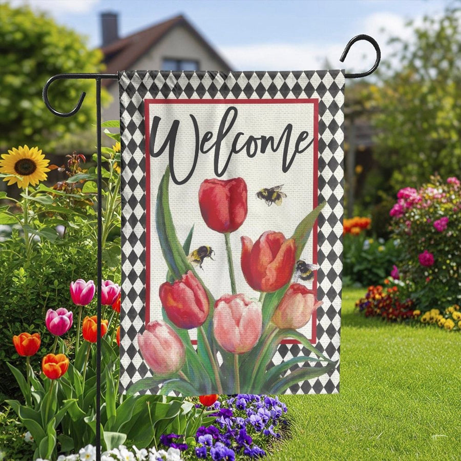 Welcome Garden Flag | Red Tulips and Bumble Bee Design | Premium Weather-Resistant Polyester | Farmhouse Spring Outdoor Decor