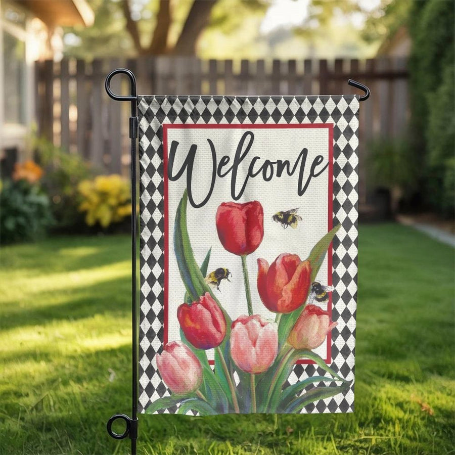 Welcome Garden Flag | Red Tulips and Bumble Bee Design | Premium Weather-Resistant Polyester | Farmhouse Spring Outdoor Decor