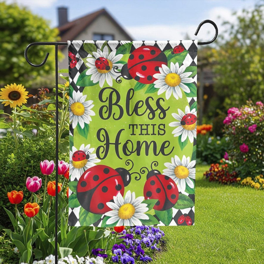 Bless This Home Garden Flag | Ladybug & Daisy Floral Design | Double Sided Weather-Resistant Fabric | Outdoor Yard Decor & Housewarming Gift