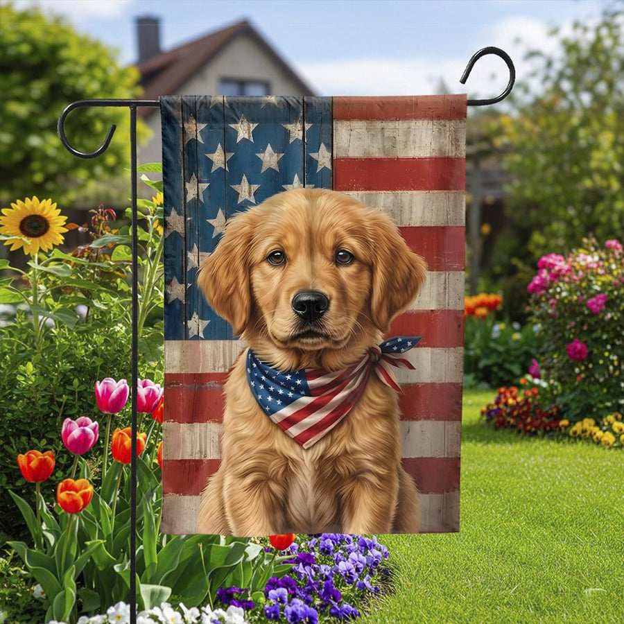 Patriotic Golden Retriever Garden Flag | American Flag Dog Art | Double Sided Weather Resistant Fabric | Premium Outdoor Decor Gift for Dog Lovers