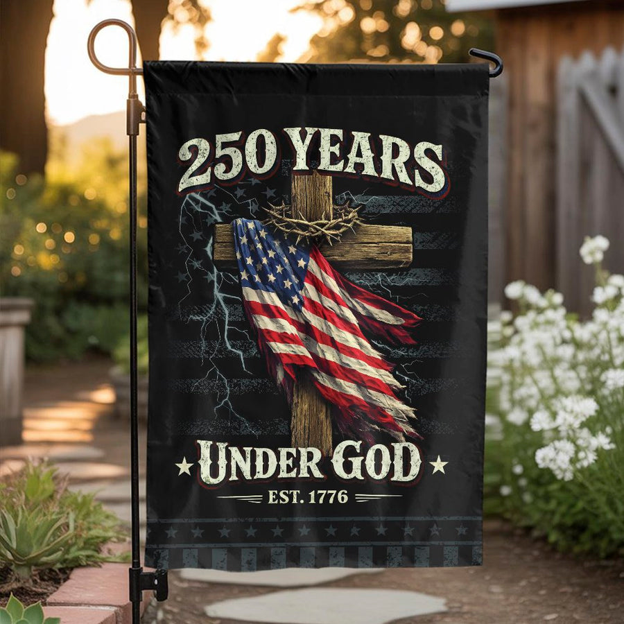 Patriotic Christian Garden Flag | Under God Cross & US Flag Design | Double Sided Weather Resistant | 250th Anniversary USA Yard Decor Gift