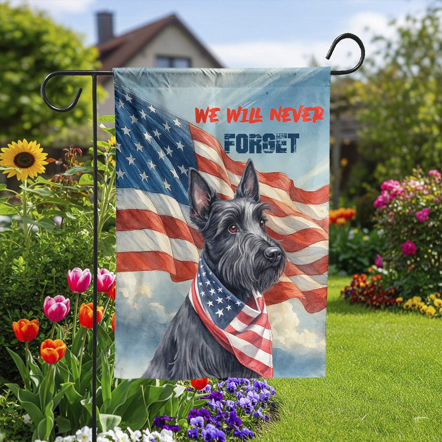 Patriotic Scottie Dog Garden Flag | We Will Never Forget USA Flag Design | Double-Sided Weather-Resistant Fabric | Memorial Day Gift for Dog Owner