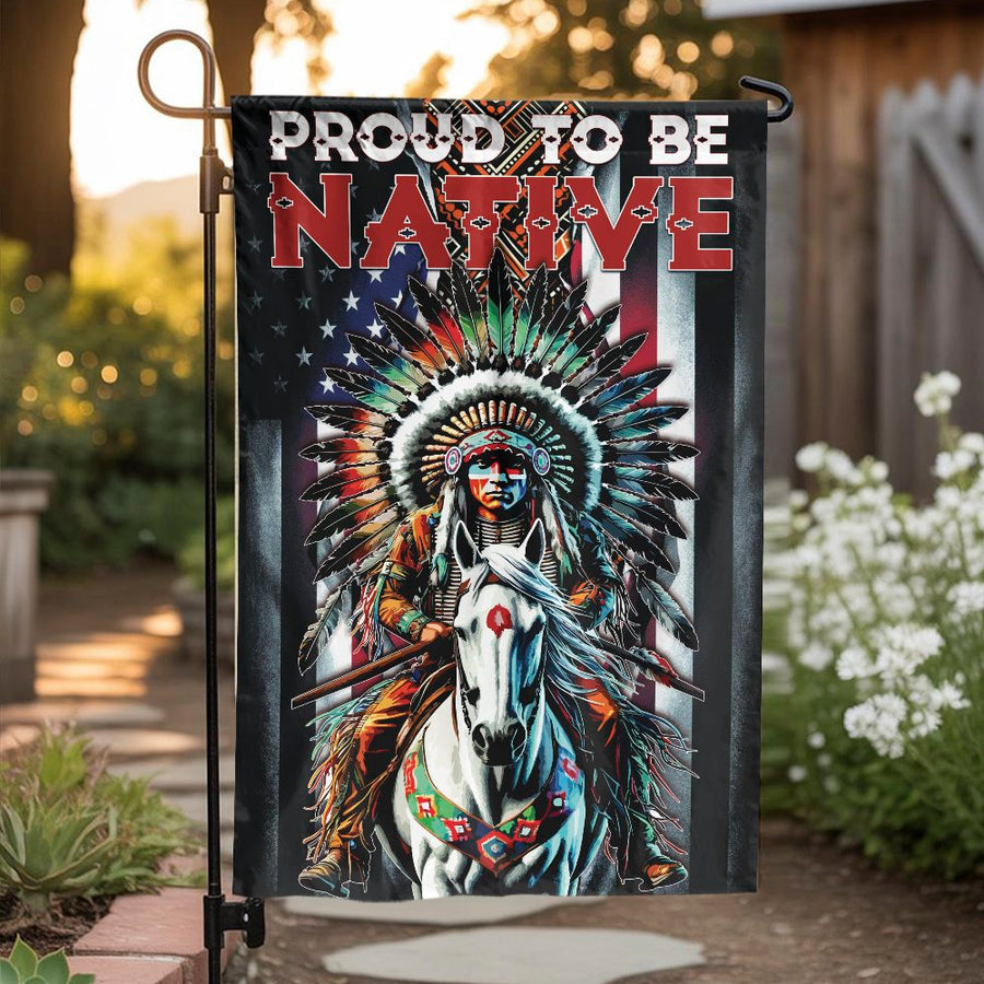 Proud To Be Native Garden Flag | American Flag Warrior on Horse | Weather Resistant Polyester | Indigenous Pride Outdoor Decor Gift