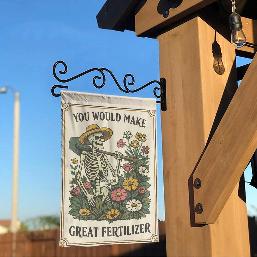Funny Skeleton Garden Flag | Retro 'Great Fertilizer' Design | Double Sided Polyester Banner | Sarcastic Gardener Gift & Funny Yard Decor