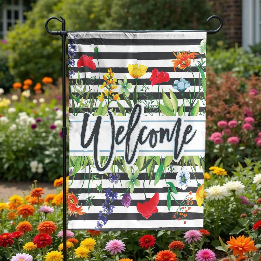 Welcome Garden Flag | Double Sided Wildflower & Stripes Design | Weather Resistant Polyester | Outdoor Decor for Front Porch & Patio