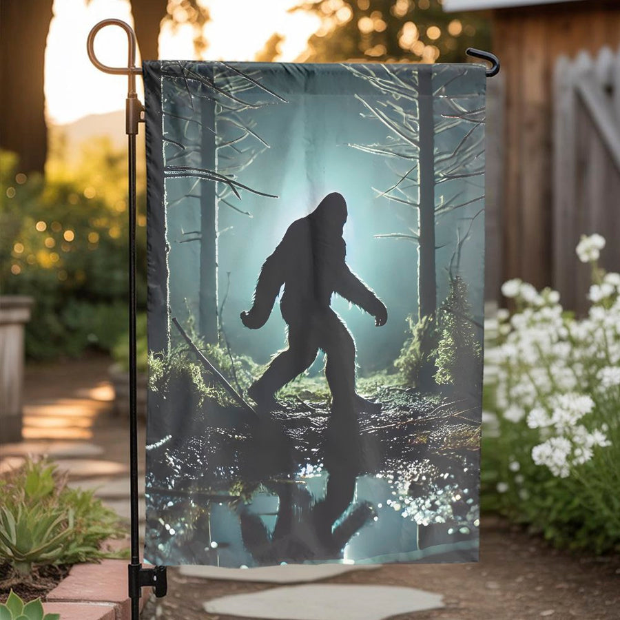 Bigfoot Garden Flag | Mysterious Forest Silhouette | Weather-Resistant Polyester | Unique Yard Art Gift for Cryptid Lover