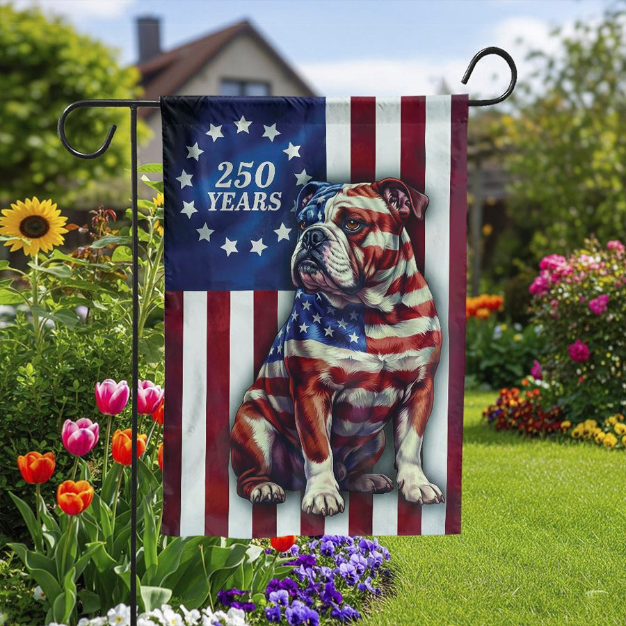 Patriotic Bulldog Garden Flag | 250 Years American Flag Design | Weather-Resistant Polyester | Outdoor Yard Decor Gift for Bulldog Lovers