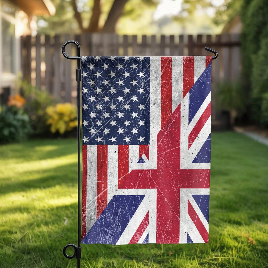 Half American Half British Garden Flag | Distressed USA UK Union Jack Design | Double Sided Polyester Yard Banner | Patriotic Home Decor Gift