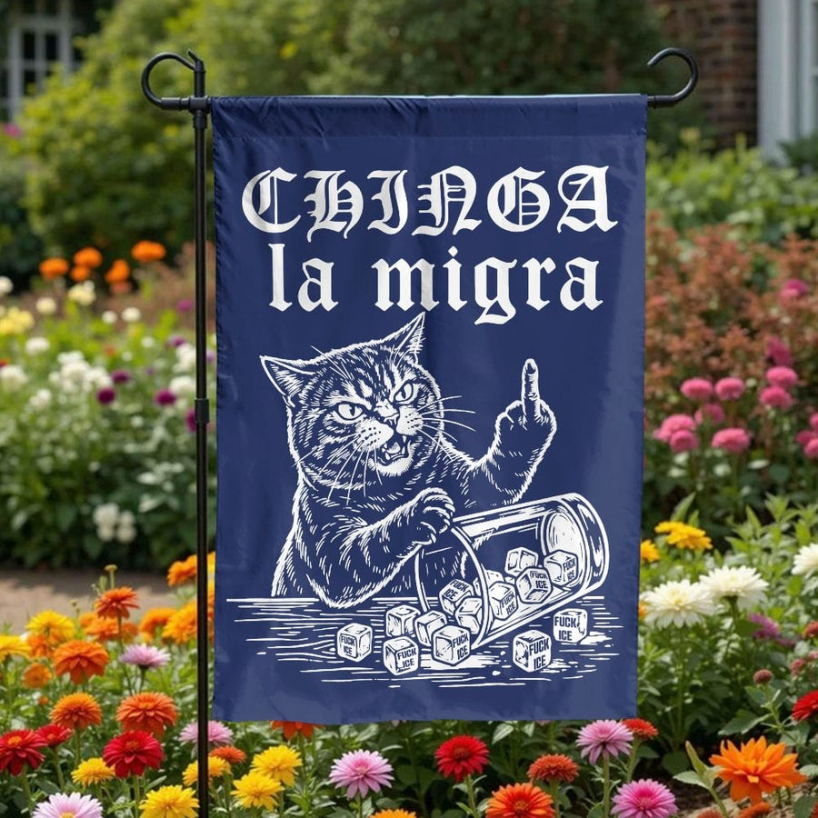 Chinga La Migra Garden Flag | Funny Cat Flipping Off ICE Design | Durable Double Sided Polyester | Political Statement Yard Decor Gift for Activist