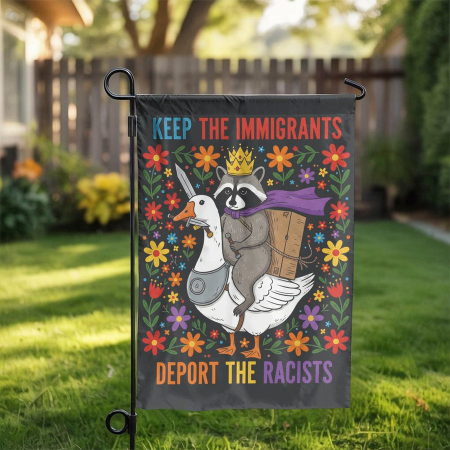 Pro Immigrant Garden Flag | Funny Raccoon Riding Goose Floral Art | Double-Sided Weather-Resistant Polyester | Progressive Home Decor Gift