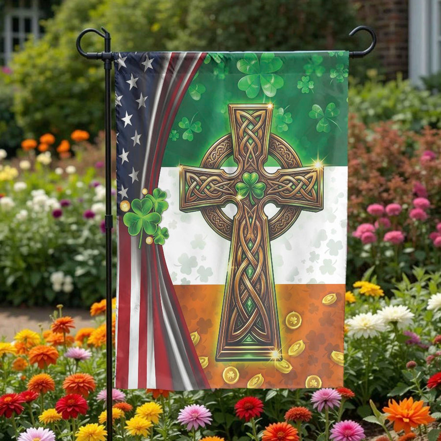 Irish American Garden Flag | Celtic Cross & Shamrock Design | Double-Sided Weather Resistant | St Patrick's Day Outdoor Decor Gift