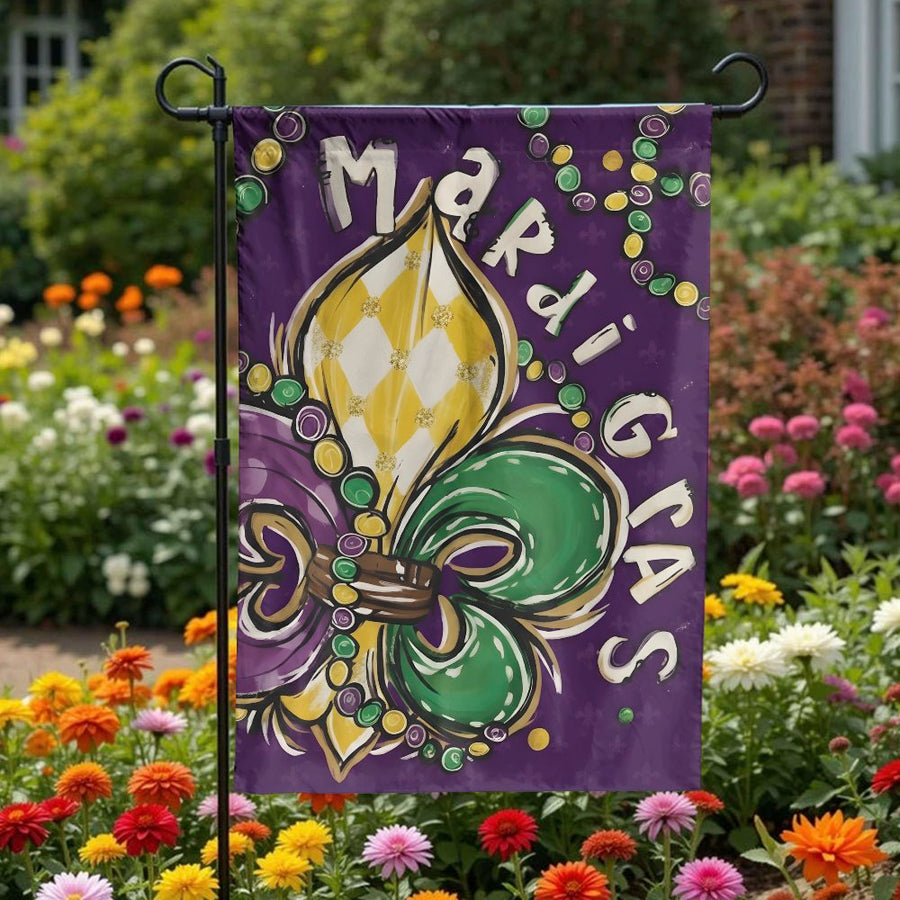 Mardi Gras Garden Flag | Festive Fleur De Lis Design | Double Sided Weather Resistant Polyester | Outdoor Decoration for Fat Tuesday Party
