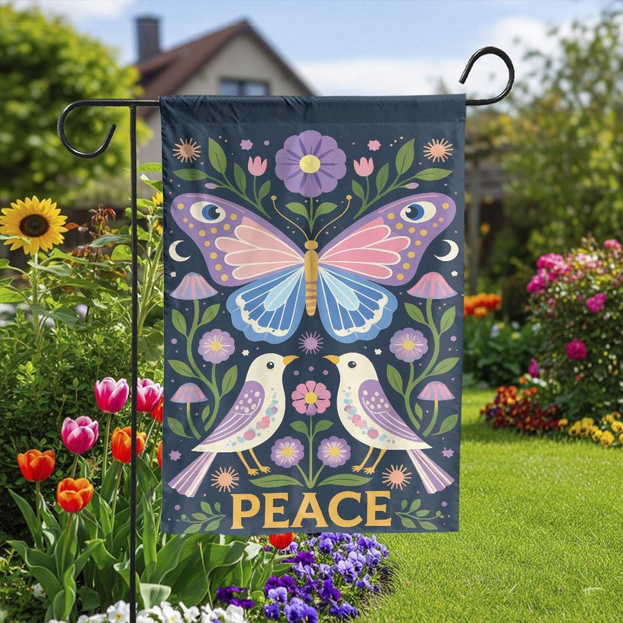 Peace Garden Flag | Boho Butterfly & Birds Folk Art Design | Weather Resistant Polyester | Outdoor Yard & Patio Decor Gift