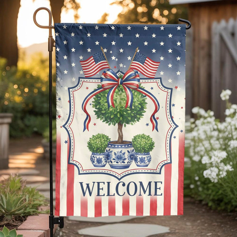 Patriotic Welcome Garden Flag | American Flag Topiary Yard Banner | Double Sided Polyester | 4th of July & Memorial Day Outdoor Decor