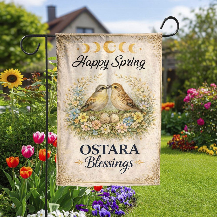 Ostara Garden Flag | Happy Spring Birds Nest with Moon Phases | Premium Weather Resistant Polyester | Wiccan Sabbat Home Decor Gift