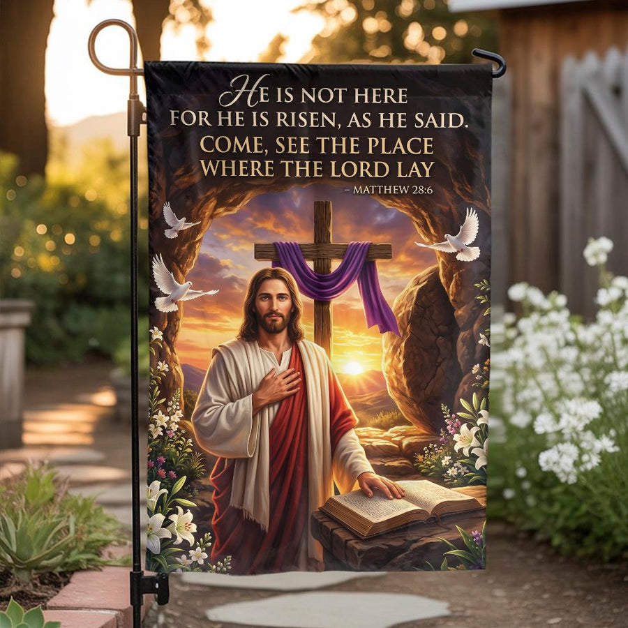 He is Risen Christian Garden Flag | Jesus Empty Tomb & Cross Design | Double Sided Premium Polyester | Religious Gift & Easter Yard Decor