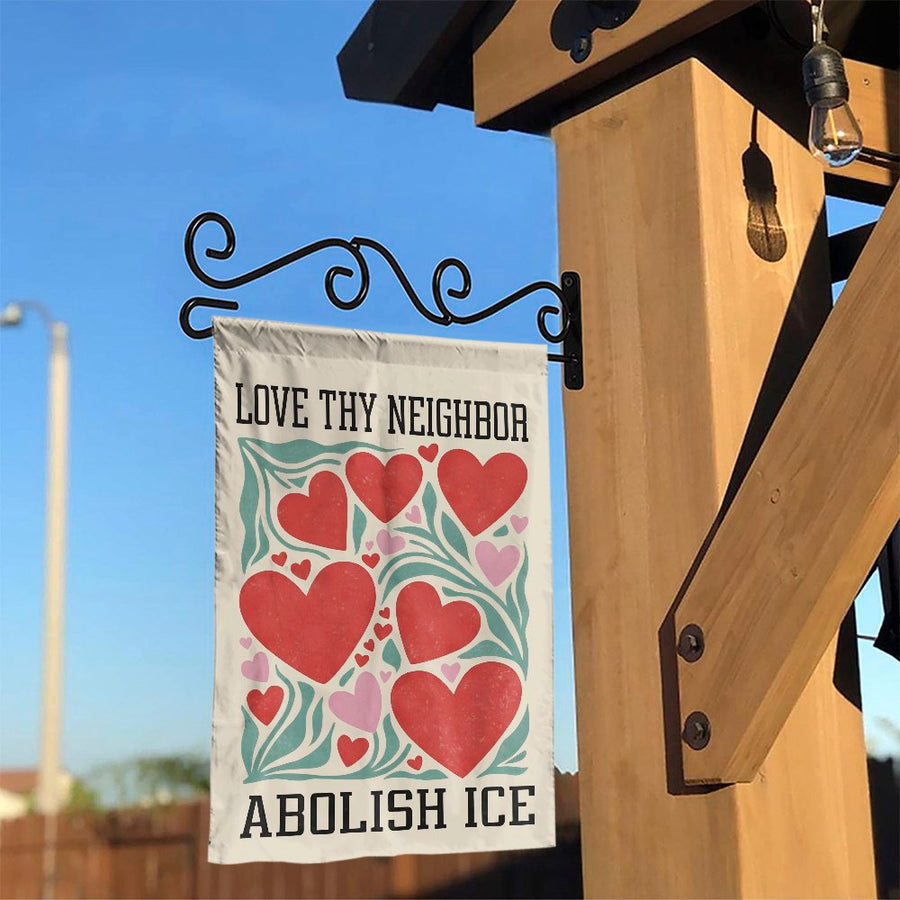 Abolish ICE Garden Flag | Retro Love Thy Neighbor Heart Design | Double-Sided Weather Resistant Fabric | Progressive Activist Gift Yard Decor