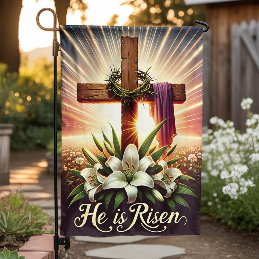 He is Risen Garden Flag | Christian Cross with Lilies Art | Premium Double Sided Polyester | Religious Easter Outdoor Decor Gift