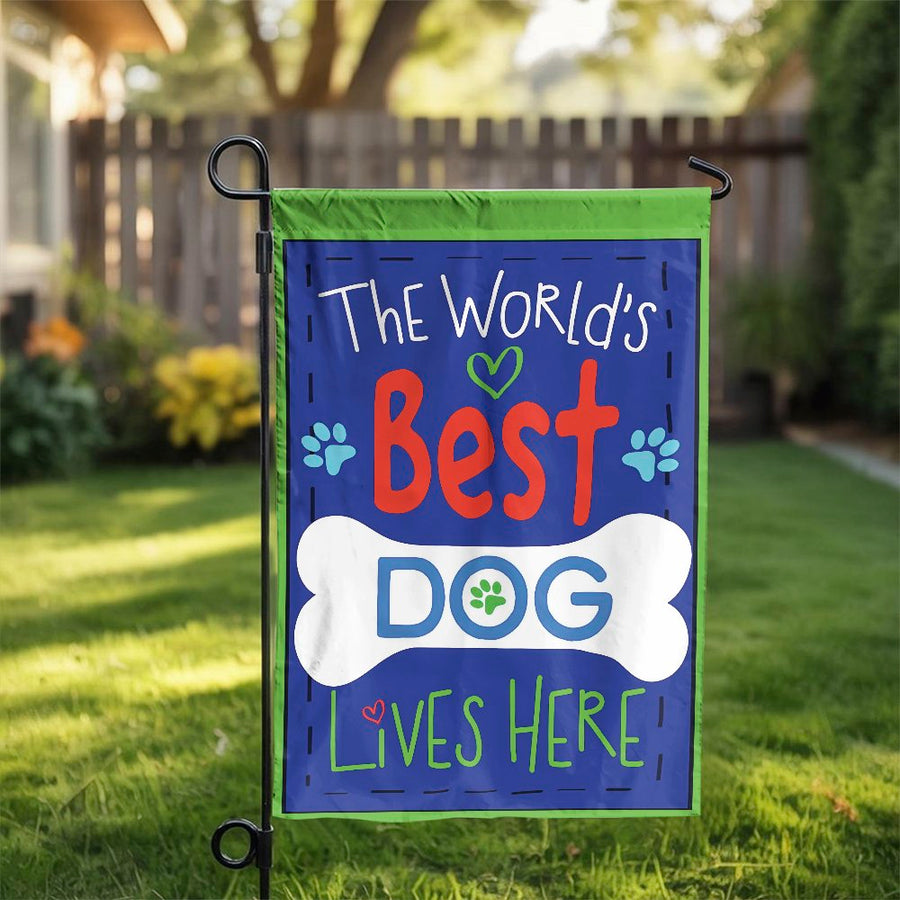 Dog Garden Flag | Worlds Best Dog Lives Here Design | Weather-Resistant Premium Polyester | Pet Owner Outdoor Yard Decor Gift