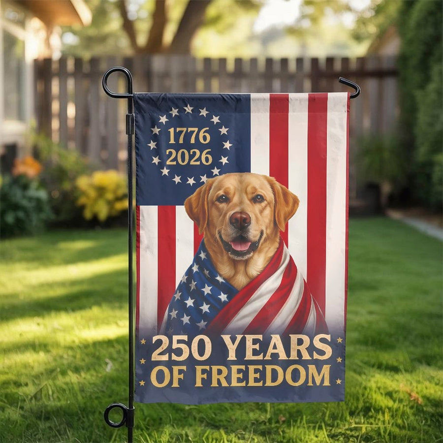 Patriotic Labrador Garden Flag | USA 250th Anniversary Dog Design | Double Sided Weatherproof Fabric | Commemorative Gift for Patriots & Dog Lovers