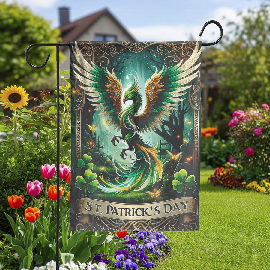 St. Patrick's Day Garden Flag | Mythical Irish Phoenix & Shamrock Art | Premium Double Sided Fabric | Seasonal Celtic Yard Decor Gift