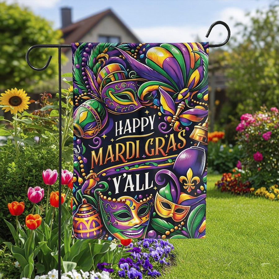 Happy Mardi Gras Garden Flag | Masquerade Mask and Beads Design | Double-Sided Polyester | Fat Tuesday Outdoor Decor Gift