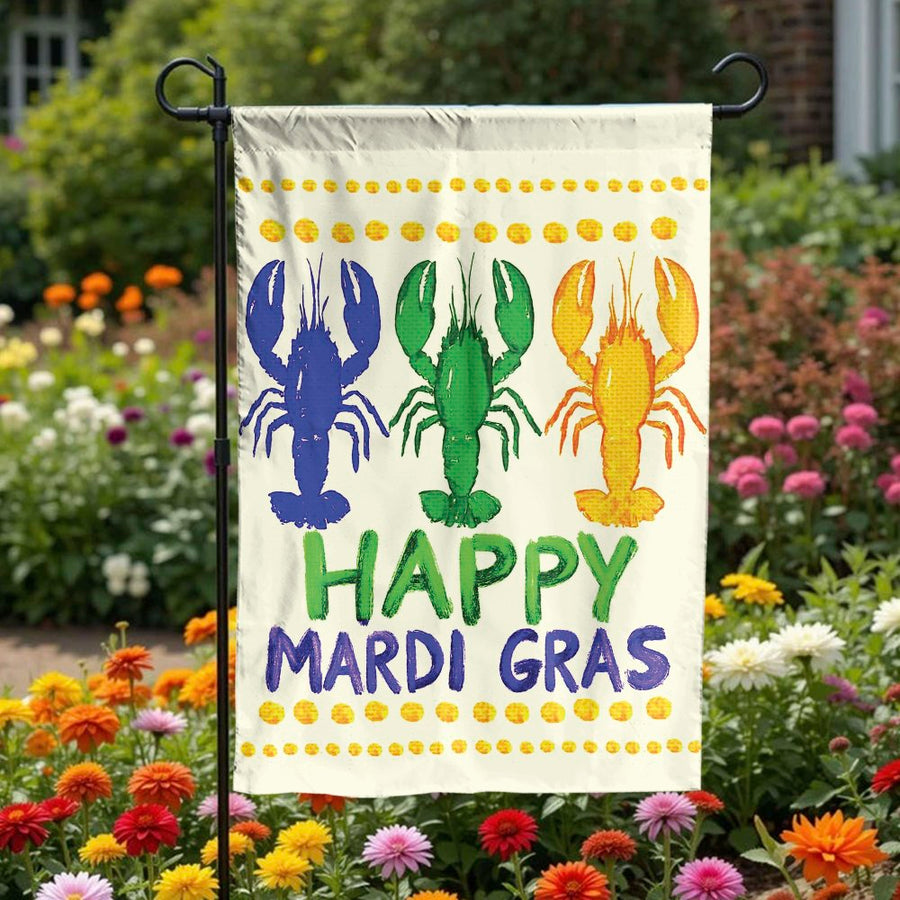 Mardi Gras Garden Flag | Colorful Crawfish Trio Print | Weather Resistant Double Sided Fabric | New Orleans Themed Outdoor Decor Gift