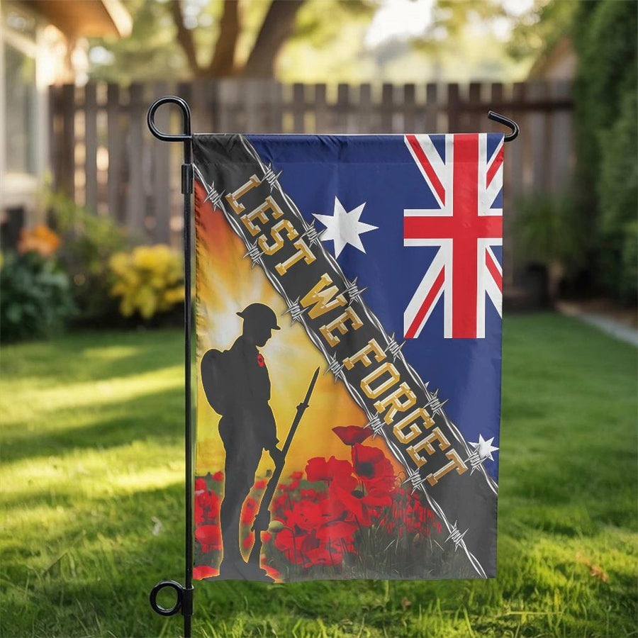 Lest We Forget Garden Flag | Australian ANZAC Soldier & Poppy Field | Double Sided Polyester | Patriotic ANZAC Day Memorial Decor Gift