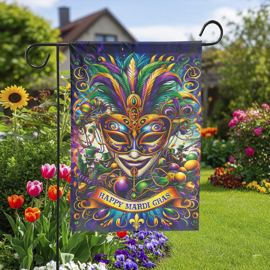 Mardi Gras Garden Flag | Colorful Masquerade Mask Design | Double Sided Weather-Resistant Fabric | Festive New Orleans Yard Decor